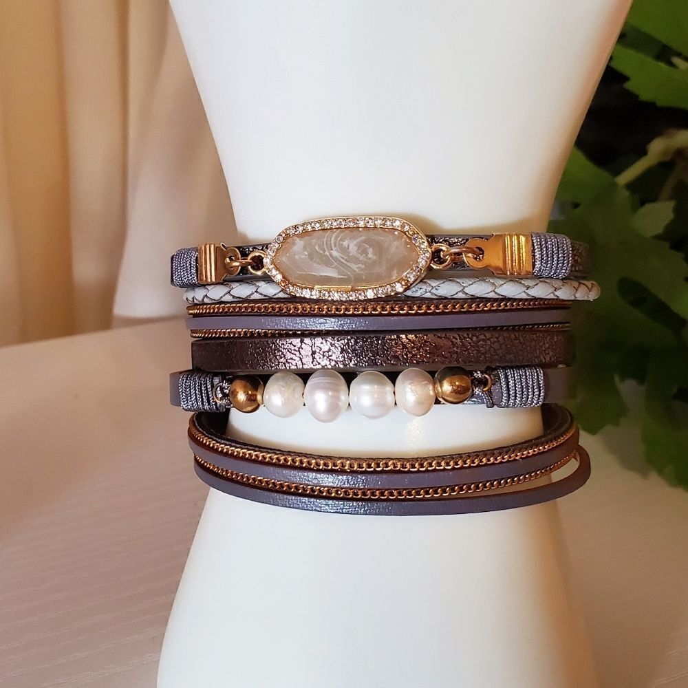 𝅺CROSS and Freshwater Pearl Blue Gray Multi-Strand Magnetic Bracelet